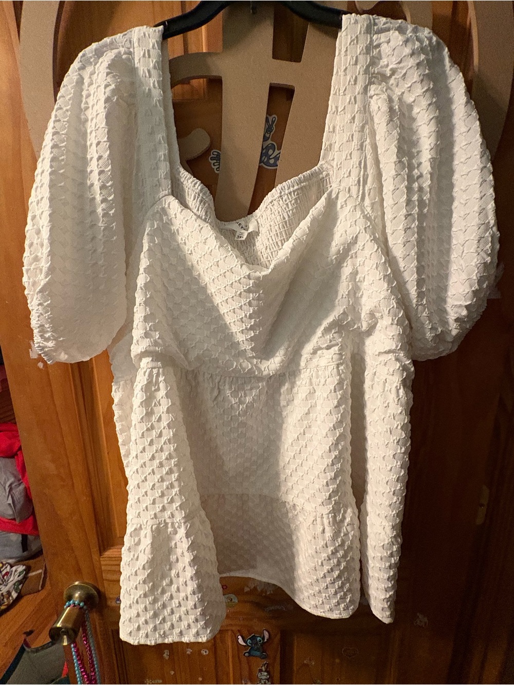 White Textured Puff-Sleeve Tunic Top